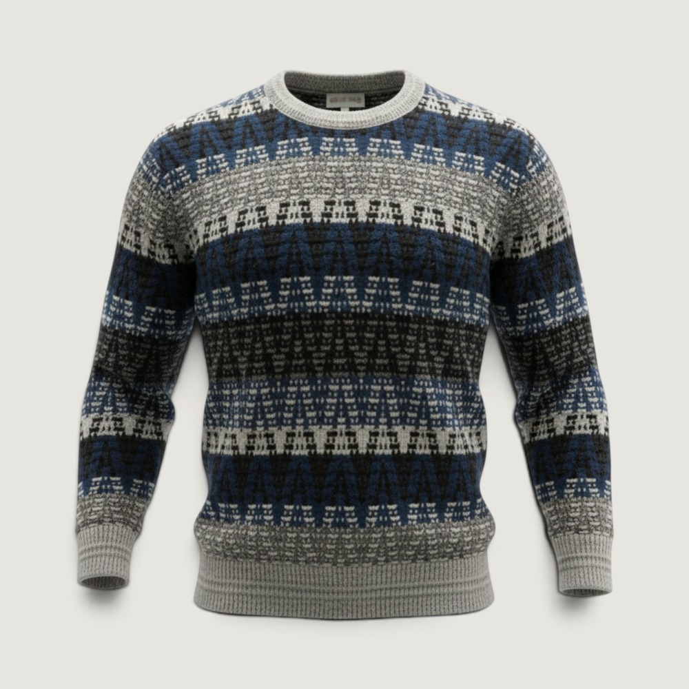 Vintage Jantzen Mens Large Blue Grey Geometric Fair Isle Knit Sweater USA Made